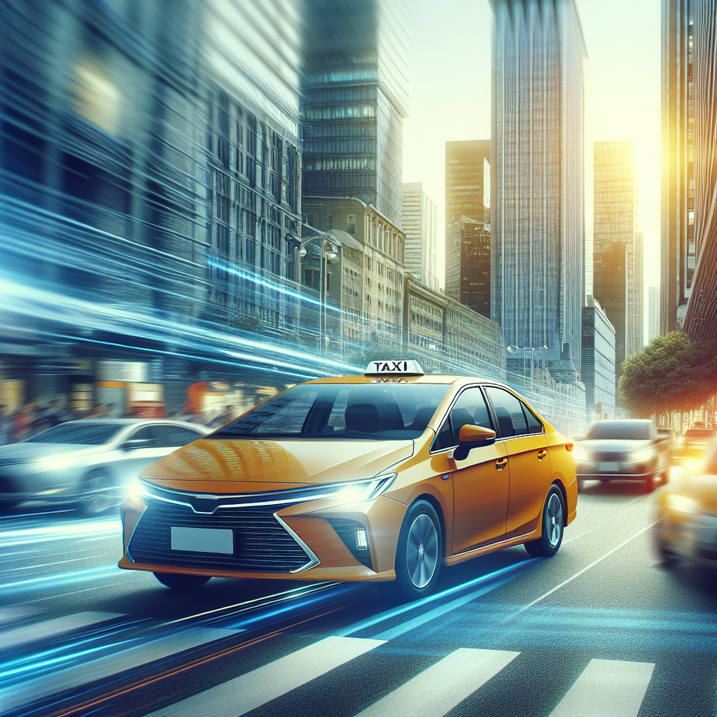 Modern taxi cab driving through city streets.